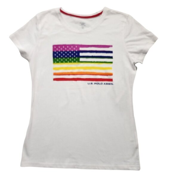 US Polo Assn Womens T-Shirt Short-Sleeve‎ Crewneck Flag Logo White Sz Small - Picture 1 of 9